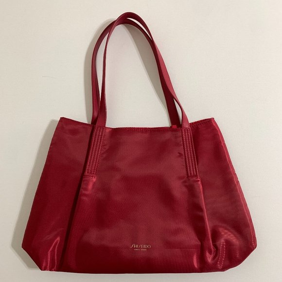SHISEIDO Ginza Tokyo Fabric Shoulder Bag Red Faux Leather Handles Light Weight - Picture 2 of 14